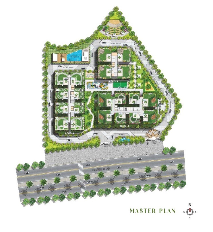 Green Woods Master Plan — Block A, B, C with clubhouse, pool, driveways, gates